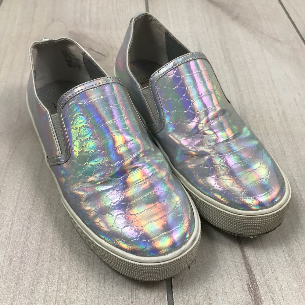 Kids 2 shoes silver rainbow hologram slip-on girls